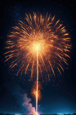 Colorful fireworks of various colors over night sky with stars as backgroundの素材