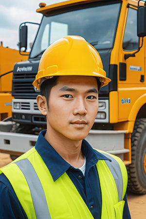 Portrait of young Asian engineer in yellow helmet standing on construction siteのeditorial素材