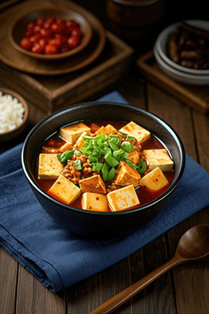 Tofu soup with sesame seeds in bowl on wooden backgroundの素材