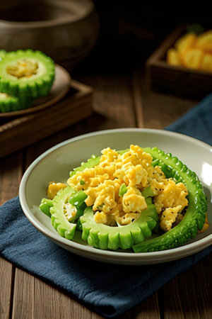 Bowl of scrambled eggs with paprika and zucchini.の素材