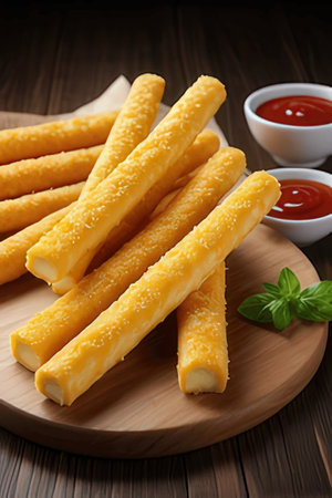 Tasty cheese sticks with ketchup on wooden board, closeupの素材