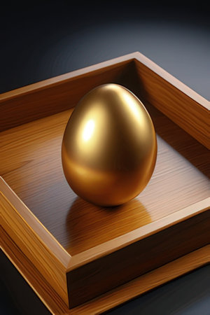 Golden egg in a wooden box on a dark background. 3d renderの素材