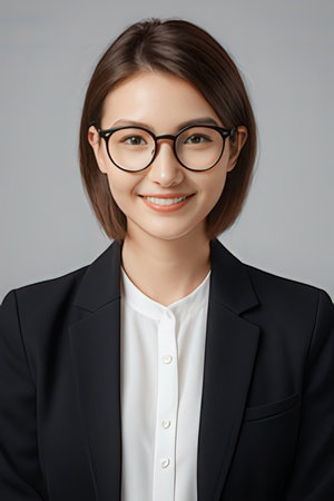 Portrait of a smiling young businesswoman in eyeglasses.のeditorial素材