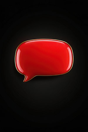 Red glossy speech bubble on black background. 3d render illustration.の素材