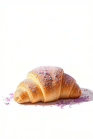 Freshly baked croissant with sprinkles on white background.の素材