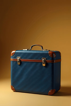 Blue leather suitcase on a brown backgroundの素材