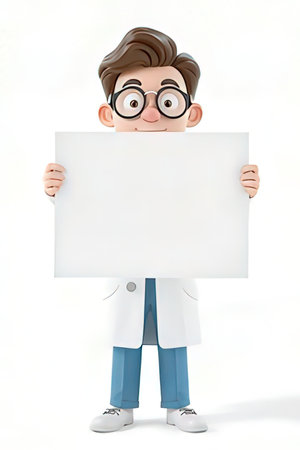 3d illustration of boy holding a blank white board with glassesの素材