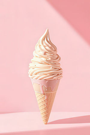 Ice cream in waffle cone on pastel pink background. Minimal summer concept.の素材