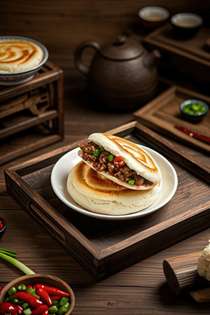 Pancake with minced pork and vegetables on a wooden tray.の素材