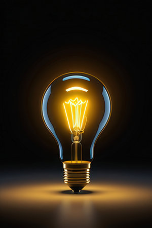 Light bulb on dark background, 3D rendering. Computer digital drawing.の素材