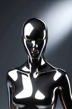 3D Illustration of a Metallic Figure on a Dark Background.の素材