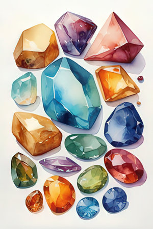 Set of multicolored gemstones on white background. Vector illustration.の素材