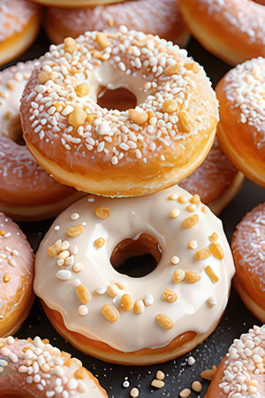 Delicious donuts with icing, closeupの素材