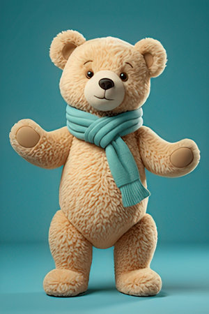 Teddy bear with scarf on blue background. 3d rendering.の素材