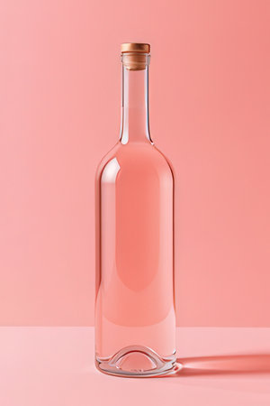Pink wine bottle on pink background. Minimal style. 3d renderの素材