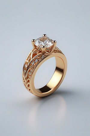 Golden ring with gemstone on a gray background. 3d renderの素材