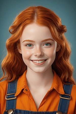 Portrait of a red-haired girl with freckles on her face.の素材