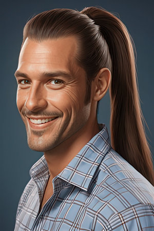 Portrait of handsome smiling man with long hair on blue background.の素材