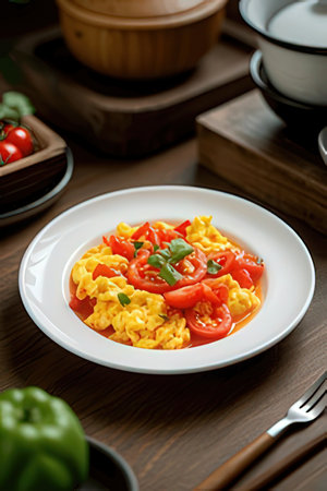 Tasty appetizing classic Italian pasta with tomato sauce on a plateの素材