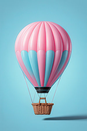 Colorful hot air balloon with basket on blue background. 3D renderingの素材