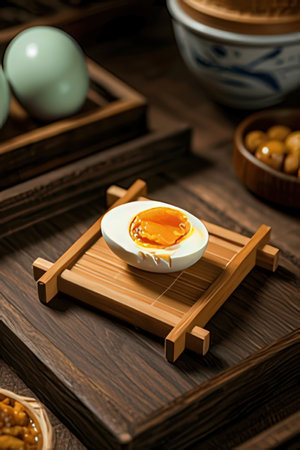 Boiled egg on a wooden trayの素材