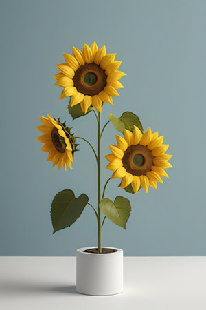 Sunflowers in a vase on a blue background. 3d renderの素材