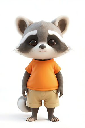 Raccoon in orange t-shirt and shorts isolated on white backgroundの素材