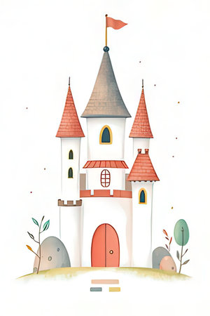 Fairytale castle on white background. Watercolor hand drawn illustrationの素材