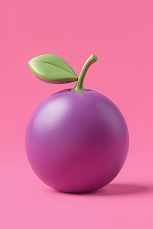 3d render of a purple fruit with green leaf on a pink backgroundの素材