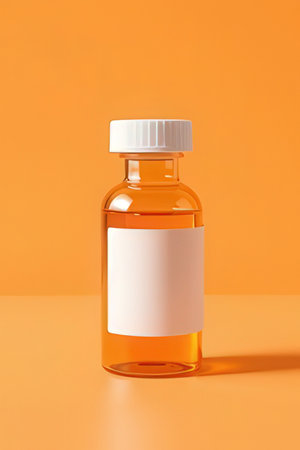 Medical bottle with blank label on orange background. Mock up for designの素材