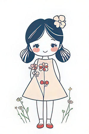 Cute little girl with flowers on white background. Vector illustration.の素材