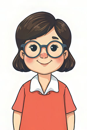 Illustration of a cute little girl wearing glasses on a white backgroundの素材