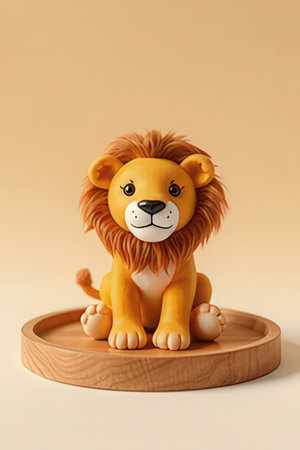 Cute lion doll on a wooden stand on beige background.の素材