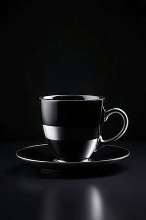 Black coffee cup isolated on black background. 3d render illustration.の素材