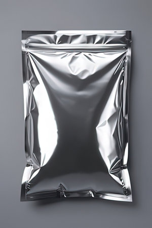 Blank aluminum foil bag on gray background. 3d rendering.の素材