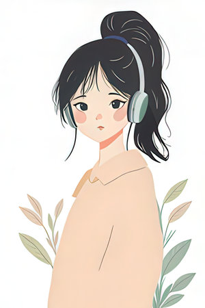 Beautiful asian woman with headphones on white background. Vector illustration.の素材