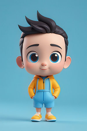 3D Render of Cartoon Character with Yellow Jacket and Blue Jeansの素材