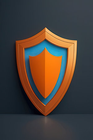 Shield icon on blue wall background. 3d render. Security conceptの素材