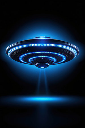 UFO with blue light on a dark background. Vector illustration.の素材