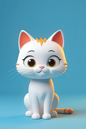 Cute cartoon cat on a blue background. 3d rendering.の素材