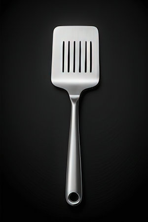 Stainless steel spatula on a black background, top viewの素材