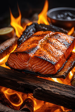 Grilled salmon steak on a wooden board on a campfire.の素材