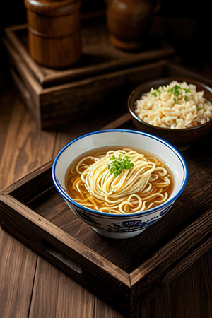Japanese miso ramen noodle soup in bowl on wooden backgroundの素材