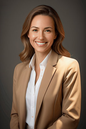 Portrait of a smiling businesswoman in beige suit on gray backgroundのeditorial素材