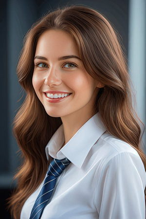 smiling young businesswoman in formal wear looking at camera in officeのeditorial素材