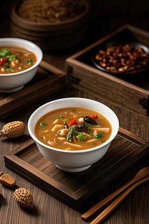 Chinese soup with noodles, vegetables and nuts on a wooden background.の素材
