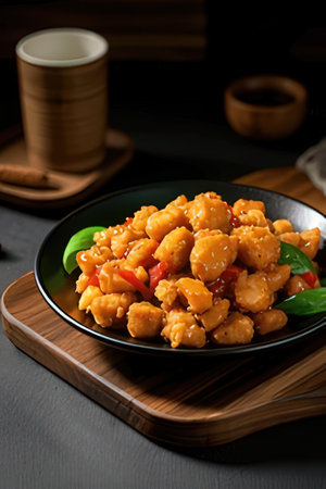 Stir-fried chicken with sweet and sour sauce in a bowlの素材