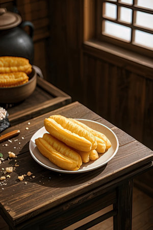 Eclairs on plate on wooden table, closeupの素材