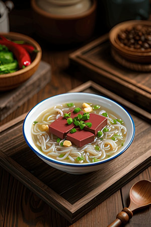 Bowl of asian noodle soup with chopsticks on wooden tableの素材