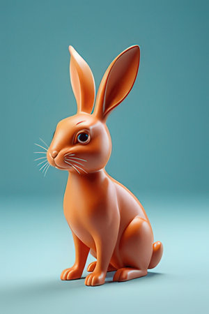 3d rendering of a brown easter bunny on a blue backgroundの素材